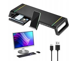 Monitor Verhoger met Lade - Printer & Laptop Standaard - Laptopverhoger - Monitorstandaard - 4x USB 3.2 - RGB 10 Lichtmodi - met Telefoonhouder - Antislip - max 27 Inch - 20kg - Bureau Organizer - Voor Monitor & Laptop & Printer - Zwart