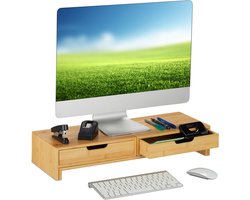 monitorstandaard - 2 schermen - verstelbaar - lades - 11 x 107 x 22 cm - bamboe
