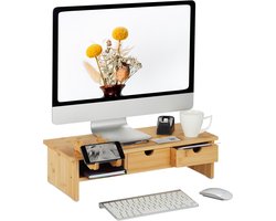 monitorstandaard bamboe - 2 lades - telefoonhouder - 14 x 54 x 23 cm - beeldscherm verhoger