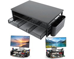 Monitorstandaard - Bureau Organizer - 14 cm Ergonomische Verhoging - 2 Niveaus met Lade - 2 Pennenhouders - Draagvermogen tot 20 kg - Voor Monitor, Laptop en Printer op Kantoor of Thuis