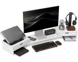 Monitorstandaard - Met Lade - Wit - 60/116 x 22 x 12 cm (L x B x H) - Monitor Standaard