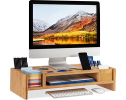 monitorstandaard met opbergruimte - bamboe - 14 vakken - ergonomisch - 15 x 65 x 28 cm