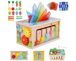 Montessori 6-in-1 Activiteitendoos - Houten kubus met o.a. Leerklok en Vormenstoof