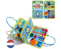 Montessori Activiteiten Boek - Nederlands - Busy Board - Perfect voor op Vakantie - Klok lezen - Motoriek Map voor Thuis en Onderweg - Leren Veter Strikken - Activiteitenboek - Vaardigheden Kinderen - Educatief Spel - Dinosaurus blauw