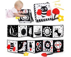 Montessori Baby Speelgoed met Spiegel, Zwart-Wit Sensory Toy, Dubbelzijdig Ontwikkelingsboek van Zacht Stof voor Baby's van 6-12 Maanden, Perfect Kraamcadeau
