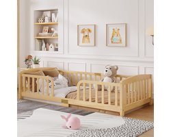 Montessori Bed - Vloerbed 90x200 - Kinderbed Hout - Peuterbed Met Hekje - Uitvalbeveiliging - Middeningang - Kinderkamer - 90x200cm - Natuurhout