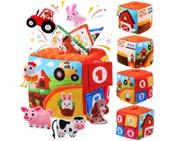 Montessori boerderij speelgoed voor baby's van 1 jaar - Ontwikkelingsdoos met rammelaar, boerderijdieren en doek - Educatief spel, speelgoed voor de motorische ontwikkeling van jongens en meisjes