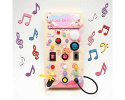 Montessori Busy Board met LED Lichtjes - Houten Activiteitenbord - Educatief Speelgoed 1 Jaar, 2 Jaar, 3 Jaar - Sensorisch Reisspeelgoed voor Peuters - Motoriek Speelgoed - Roze serie