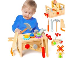 Montessori-gereedschapsset voor kinderen, houten gereedschapsset voor peuters (2-4 jaar) | STEM-gereedschapskist voor rollenspellen, bouw-werkbank voor peuters, educatief speelgoed voor jongens en meisjes van 2, 3 en 4 jaar