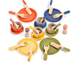 Montessori houten speelvoedsel set voor speelkeuken, houten speelgoed met borden en serviesgoed, leuk cadeau voor peuters, jongens en meisjes