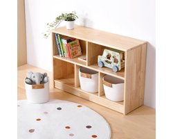 Montessori Kinder Boekenkast en Speelgoedkast van Rubberhout met 5 Vakken – 2 Grote en 3 Kleine Opbergvakken – Kinderkamer Organisatie Kast 90 x 30 x 60 cm