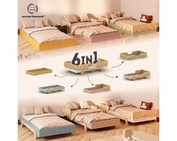 Montessori Kinderbed 90x200 cm Geel 6-in-1 met Valbeveiliging en Lattenbodem tot 230 kg – Scandinavisch Dennenhout – Pauwhome