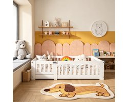Montessori Kinderbed 90x200 cm met deur, Eenpersoonsbed met valbeveiliging en lattenbodem, massief grenen, zonder matras, Wit