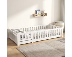 Montessori Kinderbed 90x200 cm - Vloerbed met Uitvalbeveiliging en Lattenbodem - Eenpersoonsbed - Hout - Wit