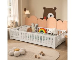 Montessori Kinderbed met deur, Eenpersoonsbed 90x200 cm, met valbeveiliging en lattenbodem, massief grenen, zonder matras, Wit