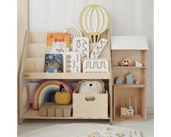 Montessori Kinderboekenkast van Hout met Speelgoedopslag – Veilig en Duurzaam Opbergsysteem voor Boeken, Speelgoed en Knuffels – Houten Kinderkast met Lade en Planken – Montessori Boekenrek voor Kinderen – Babywood Stijl Kinderkamer Meubel