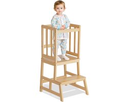 Montessori Leerstoel Voor Kinderen - Vanaf 1 Jaar - Keukenhulp Met Antikantel Systeem - Gemaakt Van Massief Bamboe - Leren Details - Licht Bamboe Kleur - Stijlvol En Veilig Ontwerp