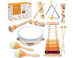 Montessori Muziekinstrumenten Set voor Peuters – Houten Muziekspeelgoed 7-delig – Inclusief Xylofoon, Tamboerijn, Belletjes & Castagnetten – Educatief Speelgoed voor Kinderen vanaf 3 Jaar