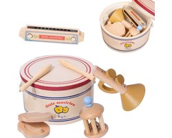 Montessori Muziekinstrumenten voor Peuters – 5-delige Houten Muziekspeelgoed Set met Trommel, Rammelaar, Trompet & Castagnetten – Creatieve Muziektafel – Educatief & Duurzaam Speelgoed voor Kinderen – Leuk Cadeau voor Sinterklaas, Kerst & Verjaardag