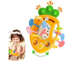 Montessori Sensorisch Baby Speelgoed - Multifunctionele Wortel Activiteitstoy met Touwtjes, Knoppen en Vormen, voor Fijne Motoriek en Kleurherkenning, Geschikt voor Baby's en Peuters