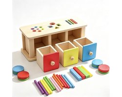 Montessori Sorteerspel - Houten Leerdoos met Lades - Kleur- en Vormherkenning - Sensorisch Educatief Speelgoed - Ontwikkelt Fijne Motoriek - Educatief Motoriek Speelgoed voor Peuters 1-3 Jaar, Steek- en Sorteerspel voor Jongens en Meisjes