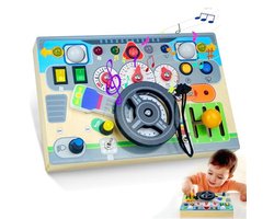 Montessori speelbord – Houten bedieningspaneel met gesimuleerd stuurwiel en LED-lichtschakelaars – Speelgoed voor de ontwikkeling van motorische vaardigheden – Activiteitenbord – Stuurwiel voor in de auto – Cadeau voor jongens en meisjes