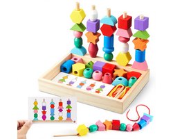 Montessori Speelgoed - Houten Rijg- & Stapelspel – Sorteren & Bouwblokken – Fijne Motoriek & Educatief Speelgoed voor Kinderen – Cadeau voor Jongens & Meisjes