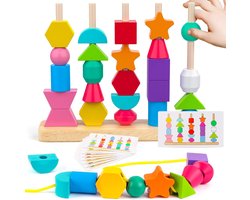 Montessori Speelgoed - Kinderspeelgoed - Houten Speelgoed - voor 2-4 Jaar Kinderen - Houten Kraal Volgorde Set - Weven Kraal, Opstapblok en Vormpasser - Vooreschool Leer Speelgoed Verjaardagscadeau