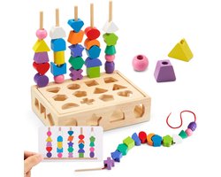Montessori Speelgoed - Motorisch Rijgspel - Bouwstenen Sorteerspel voor Kinderen - Houten Stapelspel Fijne Motoriek Educatieve Spellen - Cadeau voor Babyjongen/Meisje