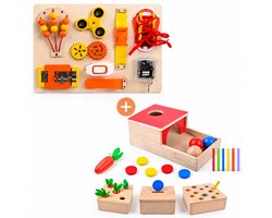 Montessori Speelgoed Set – Busy Board & 4-in-1 Vormenstoof – Educatief Houten Speelgoed – Sensorisch Speelgoed – Reisspeelgoed – Speelgoed 1 jaar – Speelgoed 2 Jaar – Speelgoed 3 Jaar