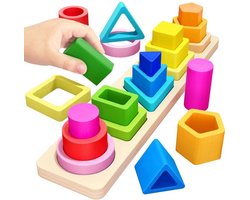 Montessori-speelgoed - Verhoogd houten stapelspeelgoed zonder pinnen - Vormsorteerder, leerzaam speelgoed voor baby's en kleuters - Diverse spelmogelijkheden voor jongens, meisjes en peuters.