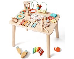 Montessori-speelgoed voor 1-jarigen – Houten activiteitentafel voor peuters van 1-3 jaar, 13-in-1 sensorische speeltafel met kralendoolhof, visspel, vormenstoof & xylofoon, leerzaam speelgoed, cadeau voor de eerste verjaardag