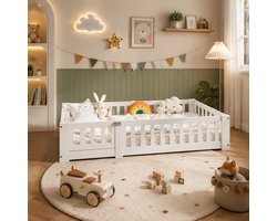 Montessori vloerbed, 120x200 cm, unisex, met veiligheidshekjes, massief grenenhout, eenpersoons kinderbedframe, Wit