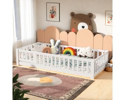 Montessori vloerbed voor jongens en meisjes Kinderbed met valbeveiliging, 90x200cm massief grenen, Eenpersoonsbedframe voor kinderen,wit