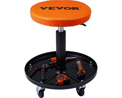 Monteurkruk - Werkkruk op Wielen - Tot 110KG - Ronde Kruk - 360 graden - Stalen Gereedschapsbak - Garage Kruk - Zwart Oranje