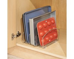MONTKIARA Bakplaathouder -organizer voor kookgerei - voor keukenkast, voorraadkast en schappen - voor bakplaten, muffin bakvormen, bakblikken, snijplanken - metaaldraad/3 uitsparingen - chroom