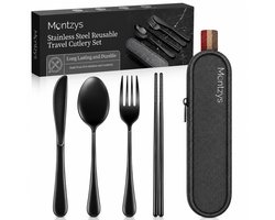 Montzys® Reisbestek To Go - Bestekset met Stokjes, Mes, Vork & Lepel - Bestek Set voor Camping & Op Reis - Inclusief Opbergtas