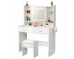 Monza Home® Make-up Tafel – Kaptafel met LED Spiegel – 100 cm – Inclusief Kruk – 2 Stopcontacten & 2 USB-poorten – Wit
