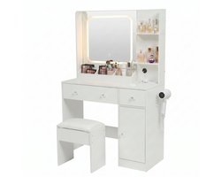 Monza Home® Make up tafel – Kaptafel met LED Spiegel – 3 Lichtstanden – Dimbaar – Inclusief Kruk – USB & Stopcontact – Wit – 87,5 x 40 x 141 cm
