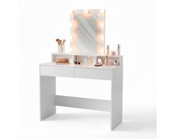 Monza Home® Make-Up Tafel – Kaptafel met Spiegel en Verlichting – 100 cm Breed – 2 Laden – 3 Open Vakken – Wit – LED Dimbaar – Stevig Spaanplaat