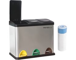 Monza Home® Prullenbak 3x8L – Afvalbak Pedaalemmer – Incl. Afvalzak – RVS Zilver/Zwart