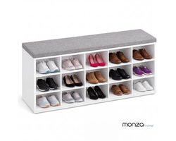 Monza Home® Schoenenkast - 15 Vakken - Schoenenrek - Met Zitkussen Wit / Grijs
