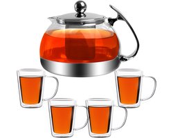 Monzana theepot 1,2 liter – Set met 4 theeglazen, zeef - RVS