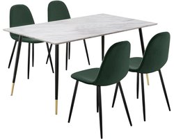 Monza|Set eettafel 160 cm en 4 stoelen in groen / zwart / marmer / goud