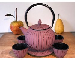 Mooie gietijzeren theepot set 0.8 L  incl 4 kopjes 60 ml + gietijzeren onderzetter van het merk LEIJZER Design