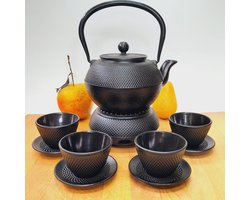 Mooie gietijzeren theepot set zwart 1.2 L met warmhouder 4 kopjes van 100 ML en 4 leuke schotels