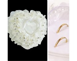 Mooie Hartje Ringkussen Wit- Kristal, bloem, strikje - Bruiloft Ringkussen - Ring Houder Ivoor Wit- SATIJN, POLYESTER- YOUHOMY Huwelijk| Bruiloft| Wedding DECOR| Ringkussen huwelijk