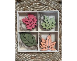 Mooie houten Herfst figuren - Herfstdecoratie - Labels - Cadeau versiering - Autumn - Blad - Bladeren - 4 assorti - Rood - Groen - Oranje | Decoratie hout Herfsttakken - Hanger - Versiering | Peuterspeelzaal - School - Kinderopvang - DH collection