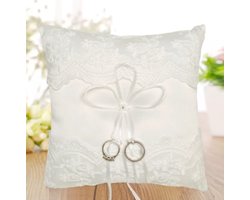Mooie Trouwring Kussen Wit- Luxe formaat 20X 20 CM - Bruiloft Ringkussen - Ringenkussentje - Ring Houder Ivoor Wit- SATIJN, POLYESTER- YOUHOMY WEDDING DECOR- Ringkussen huwelijk