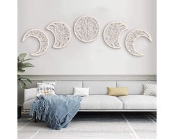 Moon Decoration, Boho Wall Decoration (5 Pieces) Wall Decoration Living Room Wood Modern Moon Bedroom Room Decoration Aesthetic, Living Room Decoration, Wall Decoration (Light Wood Colour)